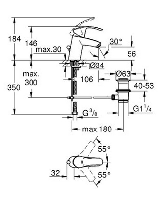 Obrázek GROHE Eurosmart Páková umyvadlová baterie DN 15, velikost S chrom #33265002