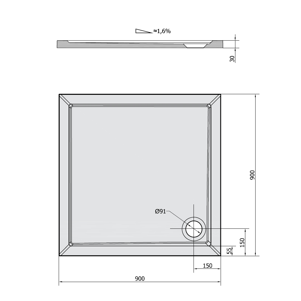 Bild von KREINER NAPOLI Brausewanne Viereck 90cm, Gussmarmor KSVAIS90