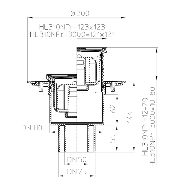 Зображення з  HL podlahová vpusť DN50/70/100, mřížka 115x115 - HL310NPr