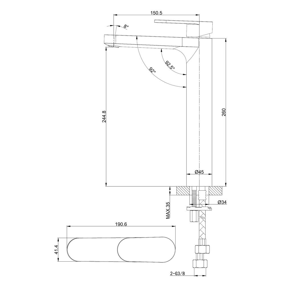 Bild von KREINER PREMIUM OVAL Einhand-Waschtischbatterie hoch mit Click-clack-Ablaufgarnitur E000002 - chrom